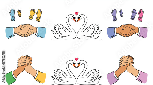 Diverse Handshakes and Swan Couples Symbolizing Unity and Love Isolate PNG