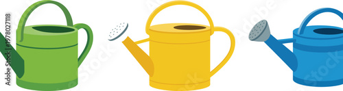Watering cans set three colorful garden plant care hand watering vector illustration design