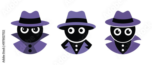 Three cartoon spies wearing purple hats and black suits isolated on transparent background, vector illustration