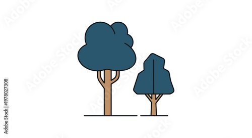 Stylized trees with blue foliage and brown trunks on white background