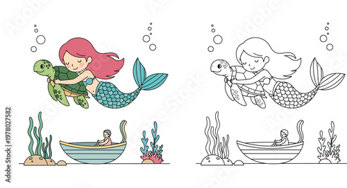 Cute cartoon mermaid hugging a sea turtle underwater with color and outline versions. Includes a small boat. Perfect for kids coloring book pages.