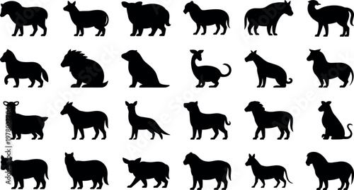 Farm animal silhouettes set minimal black vector illustration including cow horse sheep pig goat dog and cat for agriculture design use