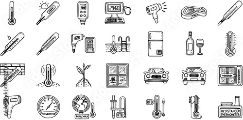 Hand-Drawn Thermometer  Temperature Measurement Icon Set: Featuring devices for medical, industrial, food, weather, and automotive applications, showcasing diverse uses.