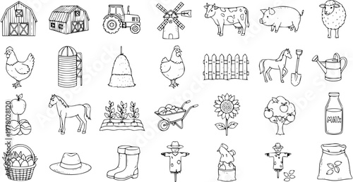Hand-Drawn Farm and Agriculture Elements Set: Barns, Animals, Tools, and Crops - Black and White Doodle Collection for Rural Life