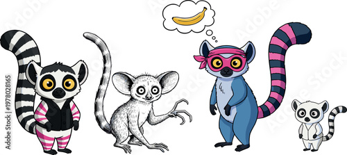 Lemur character set with cartoon colorful outline and sketch styles cute primate vector illustration collection isolated background