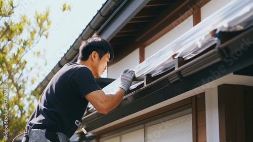 屋根の修理をする大工の日本人,男性、職人