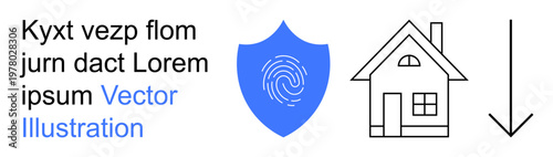Security systems, identity verification, home protection, cybersecurity, navigation, authentication. Blue shield with fingerprint, house and arrow. Security systems and identity verification concept