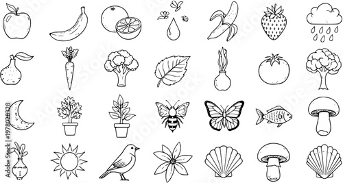 Hand-drawn Black and White Nature Icons Set - Fruits, Vegetables, Plants, Animals, and Weather Doodle Collection