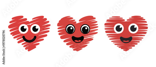 Three happy heart characters with smiling faces and eyes, vector illustration