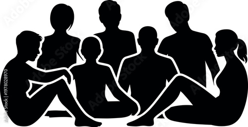 Group of people sitting together silhouettes minimal black vector illustration for community discussion teamwork social interaction and support concept use