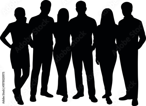 Group of people standing silhouettes minimal black vector illustration for community teamwork corporate staff and social interaction concept use
