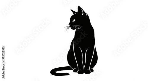 Elegant black cat silhouette illustration captured in a graceful sitting pose, looking back, embodying feline mystery and sleek design