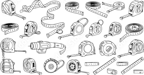 Detailed hand-drawn black and white sketch collection of various measuring tools including tape measures, flexible rulers, and a laser distance meter.