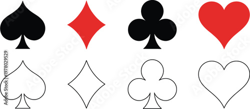 Playing Card Suits Icon Set Vector Illustration, Casino Symbols Collection Featuring Hearts, Spades, Clubs, and Diamonds for Gambling, Gaming, and Card Game Design