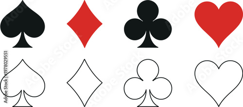 Playing Card Suits Icon Set Vector Illustration, Casino Symbols Collection Featuring Hearts, Spades, Clubs, and Diamonds for Gambling, Gaming, and Card Game Design