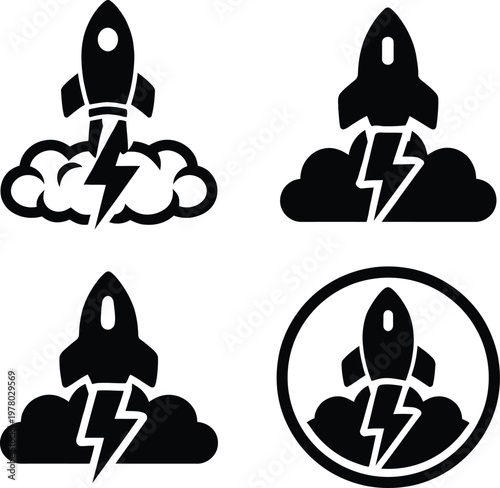 Black silhouette of four cats in different poses, isolated on white background feline