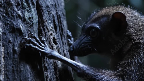 Aye-Aye with long, skeletal finger tapping on tree