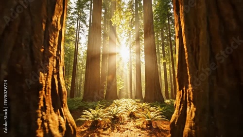 Sunbeams pierce through ancient redwood forest canopy, illuminating ferns.