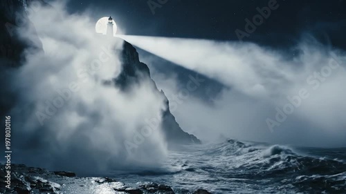 Dramatic lighthouse on rocky cliff at night, beam cutting through fog and sea spray