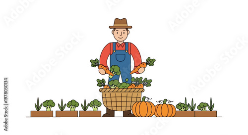 Cartoon farmer with fresh harvest of carrots broccoli and pumpkins in basket near garden rows in bright cheerful vector illustration style