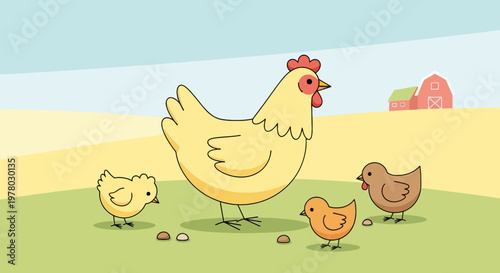 Cartoon hen with chicks on a farm field in daytime; illustration of poultry with rural barn background in cute style