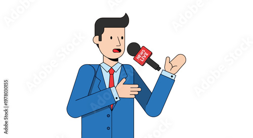 Cartoon news reporter character in blue suit interviewing with microphone; stylized vector design for news media and public communication