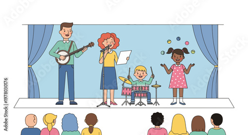 Cartoon style illustration of a musical show with banjo player singer drummer and juggler on stage entertaining an audience