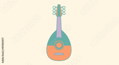 Cartoon stringed musical instrument illustration in teal and peach isolated on cream background artistic drawing of vintage lute mandolin style