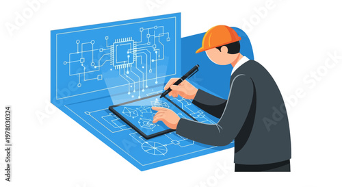 Engineer using digital tablet to design microchip blueprint wearing hardhat in technology workspace innovative project creation process