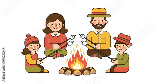Family sitting around campfire roasting marshmallows in vector illustration art style happy parents and children at camp fire in warm colors