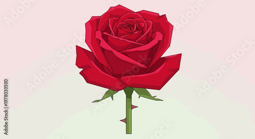 Illustration of a striking red rose with thorns showcasing detailed petals and sharp edges against a light pink and green gradient background