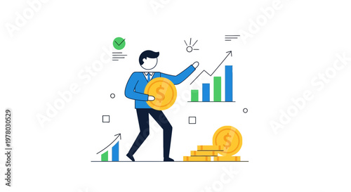 Man holding large golden dollar coin with upward trending bar chart financial growth vector art on white background
