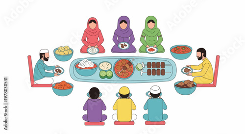 Muslim family enjoying Iftar meal together during Ramadan breaking fast with dates and traditional dishes in festive illustration