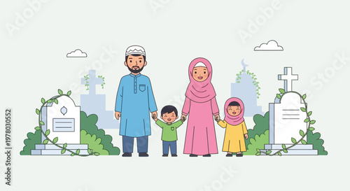 Muslim family visiting cemetery with tombstones illustration in vector style featuring cartoon characters wearing traditional Islamic clothing