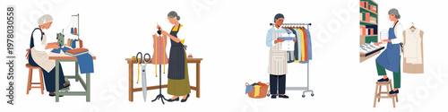 Set of flat vector illustrations depicting various stages of clothing manufacturing including sewing, tailoring, folding, and stocking garments in a textile factory workshop.