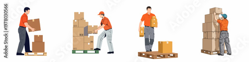 Vector illustration set of delivery warehouse workers in uniform carrying and stacking cardboard boxes on wooden pallets, isolated on white background.