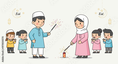 Muslim family celebrating Eid with sparklers vector illustration in cartoon style; joyful children with traditional clothes and lanterns