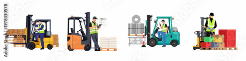 Set of Flat Vector Illustrations Showing Warehouse Workers Operating Forklifts and Handling Cargo for Logistics and Supply Chain Services