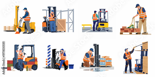 Collection of warehouse workers and forklift operators in high-visibility vests performing various logistics tasks, flat vector illustration style.