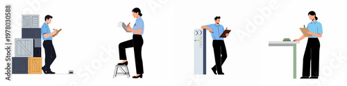 Flat vector illustration set of professional warehouse workers and quality control inspectors performing inventory checks and technical tasks with clipboards and equipment.