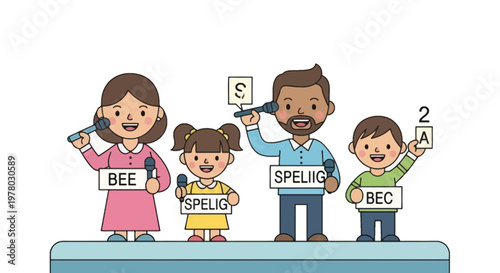 Spelling bee competition with family members holding letter cards and microphones in a colorful cartoon vector illustration style