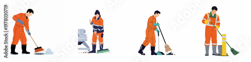 Set of Illustrations Featuring Sanitation Workers in Orange Uniforms Cleaning Streets with Brooms and Dustpans on a White Background