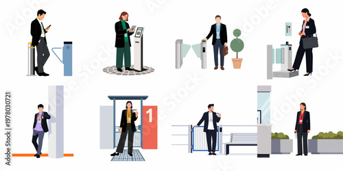 Vector illustration set featuring business people using security access control systems like turnstiles and ID scanners at corporate office building entrances.