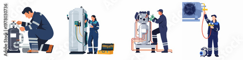 Photography Industrial HVAC and refrigeration technicians performing maintenance, repair, and installation services on professional equipment, vector illustration set