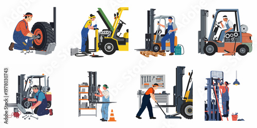 Set of Illustrations Showing Professional Mechanics Performing Maintenance and Repair on Forklift Trucks in a Warehouse or Workshop Setting