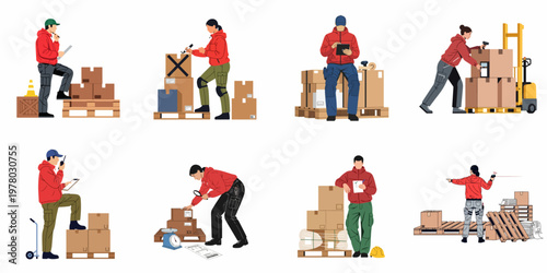 Set of flat vector illustrations of warehouse workers managing inventory, scanning boxes, and using logistics equipment in a distribution center.