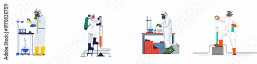 Set of illustrations featuring scientists in protective hazmat suits and respirators working with chemicals in laboratory and industrial environments.