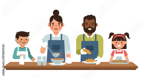 Volunteers serve soup bread and cookies at food bank in illustration style. Family helping those in need during hard times in a community project