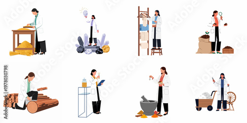 Set of female scientists in white coats researching and analyzing various natural raw materials like grain, crystals, textiles, coffee, wood, spices, and cotton.