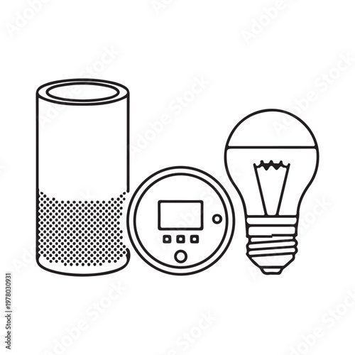 line drawing of smart home devices  light bulb and thermostat and cylinder